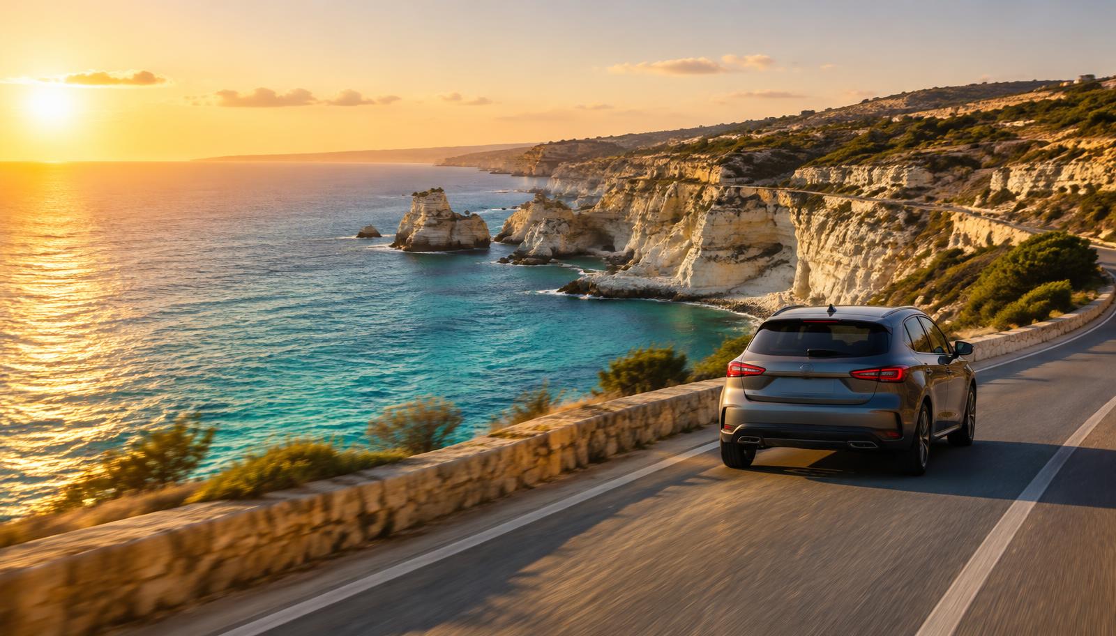 Illustrative photo: a car driving along the Cyprus coastline at sunset
